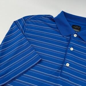 Greg Norman ML75 Polo Shirt Mens Large Blue Striped Short Sleeve Golf Play Dry